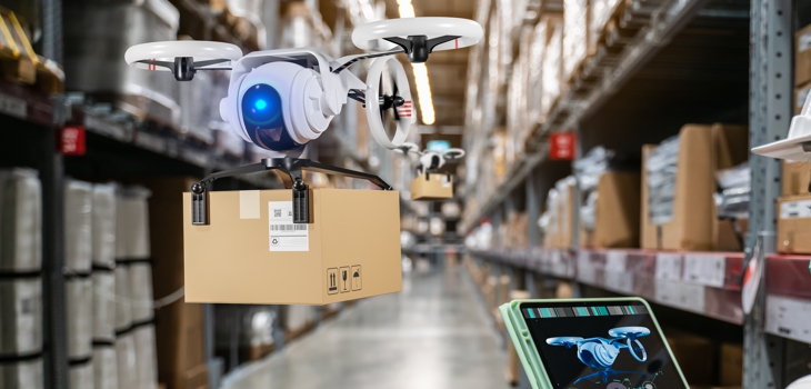 Drone flies through a warehouse with a package (c) Shutterstock / Fit Ztudio