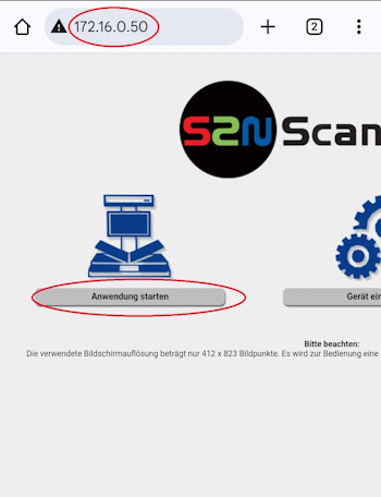 Open 172.16.0.50 and click "Anwendung starten". Click "Anwendung starten" on the site 172.16.0.50.