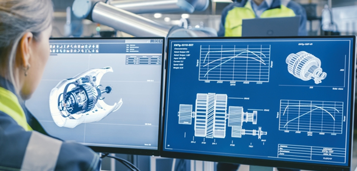 Woman looking at two screens with construction drawings for a technical component (c) Shutterstock / Gorodenkoff